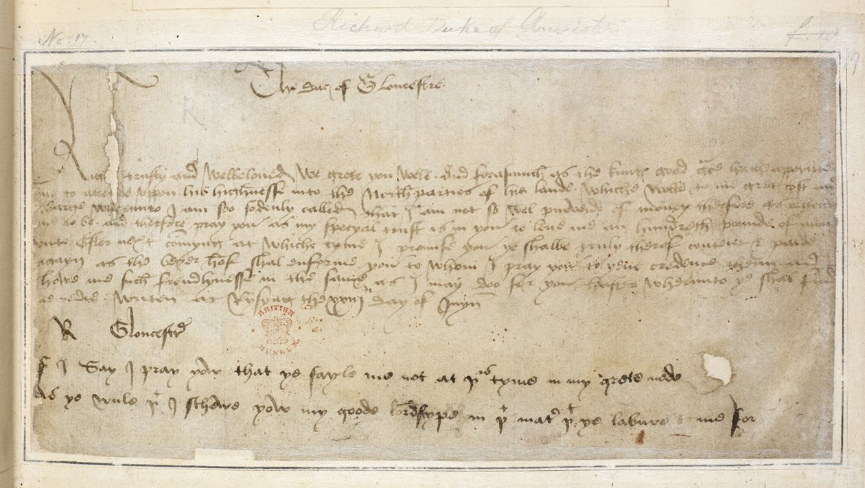 Bomuld Vespasian MS F III f.19 Richards første overlevende brev til Sir John Say af English School