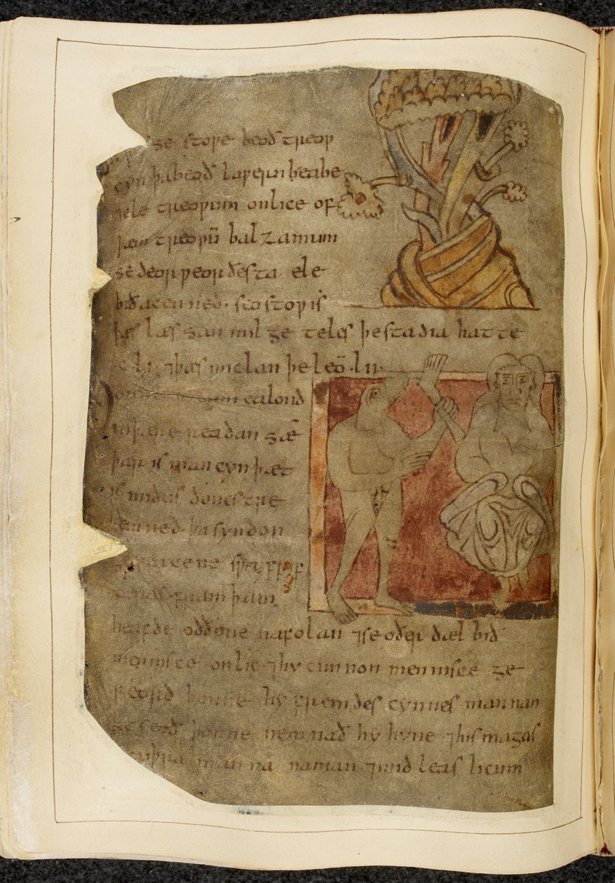 Bomuld Vitellius A. XV f.103v, Et træ, hvorfra balsam vokser; en donestre, en mand med dyrehoved, til venstre med et menneskeligt ben og en fod, og en person til højre, illustration fra Beowulf, fra 