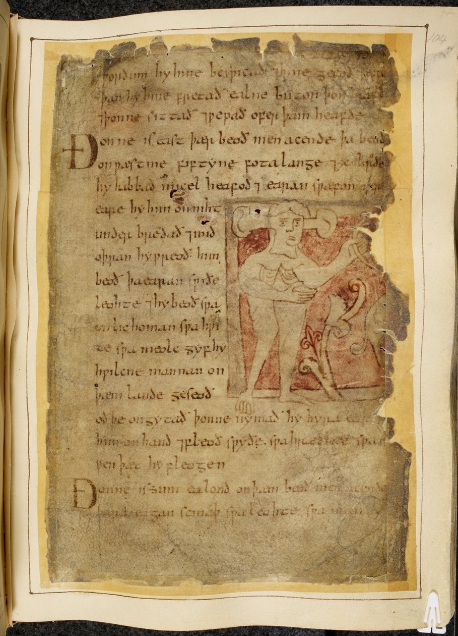 Cotton Vitellius A. XV f.104r, A panotii, dvs. en mand med ører, der rager ud på stilke, der holder en genstand, der ligner en sløjfe, illustration fra Beowulf, fra 