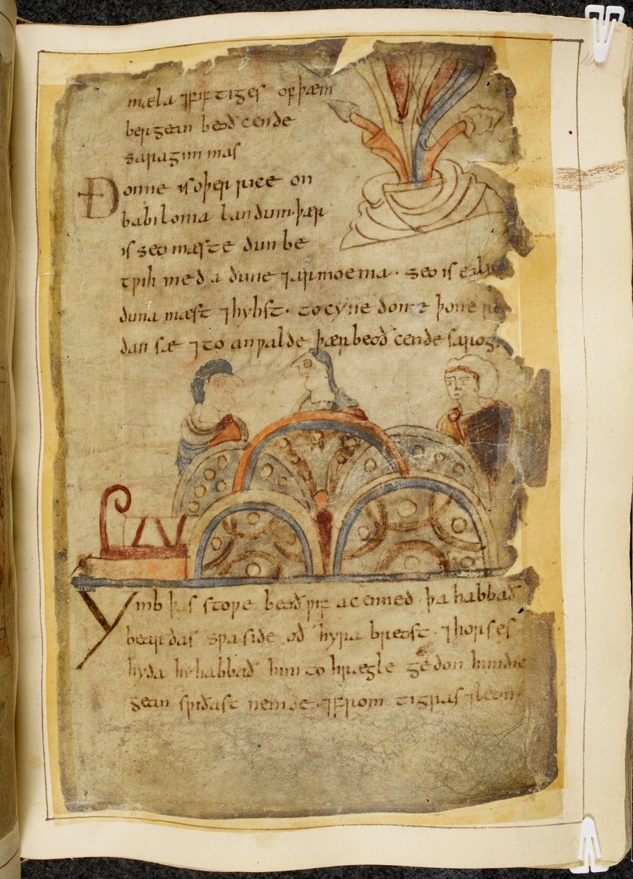 Bomuld Vitellius A. XV f.105, et gyldent vintræ; tre mennesker taler, repræsenterende en venlig nation, der regerer Det Røde Hav, hvor de bedste perler findes, illustration fra Beowulf, fra 