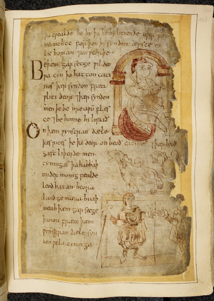 Cotton Vitellius A. XV f.106r, En mand, der sidder på en pude under en bue; to catini, åbenmundede bæster som hunde; en klædt mand med en stav, der rækker hånden ud til en anden mand, illustration fra Beowulf, fra 