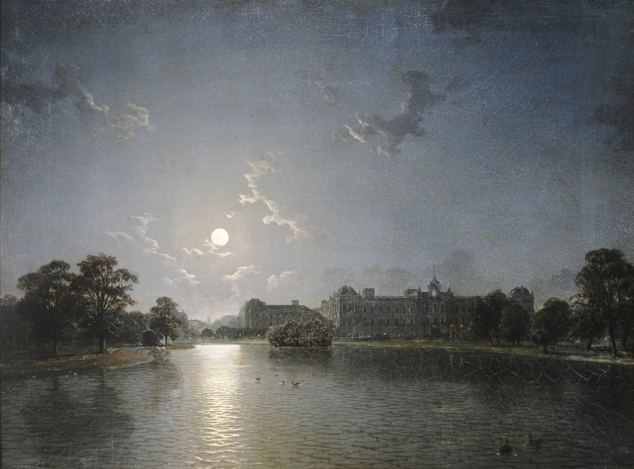 Landhus på tværs af en sø ved måneskin, ca. 1850 (olie på lærred) af English School