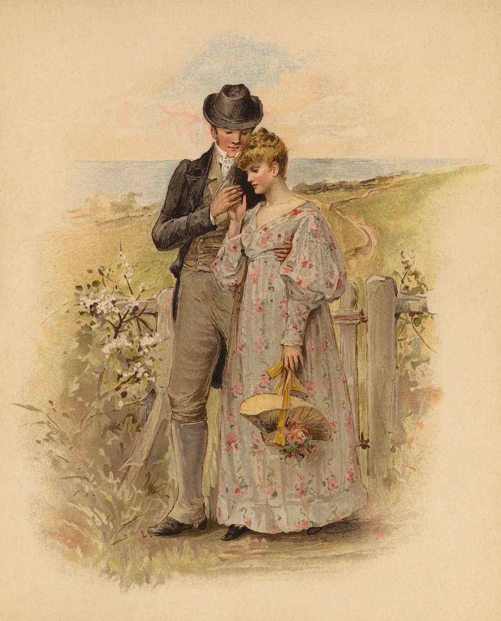Horerende par på gåtur i landskabet (chromolitho) af English School