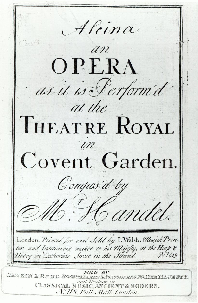 Cover til Nodehæfter til Alcina, en opera af Händel, udgivet i 1735 af English School