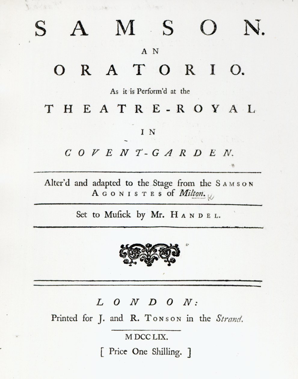 Cover til Nodehæfter for Samson, et oratorium af Händel, udgivet i 1759 af English School