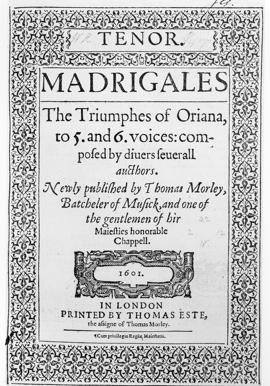 Omslag til tenordelen af The Triumphes of Oriana, udgivet af Thomas Este, 1601 af English School