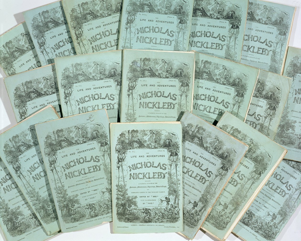 Forsider fra de månedlige udgaver af The Life and Adventures of Nicholas Nickleby af Charles Dickens (1812-70), udgivet i 1839 (se 136075) af English School