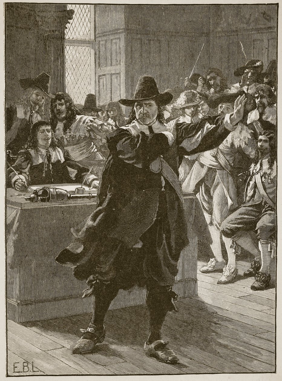 Cromwell taler for det lange parlament for sidste gang, illustration fra Cassells Illustrated History of England (sepiafoto) af English School