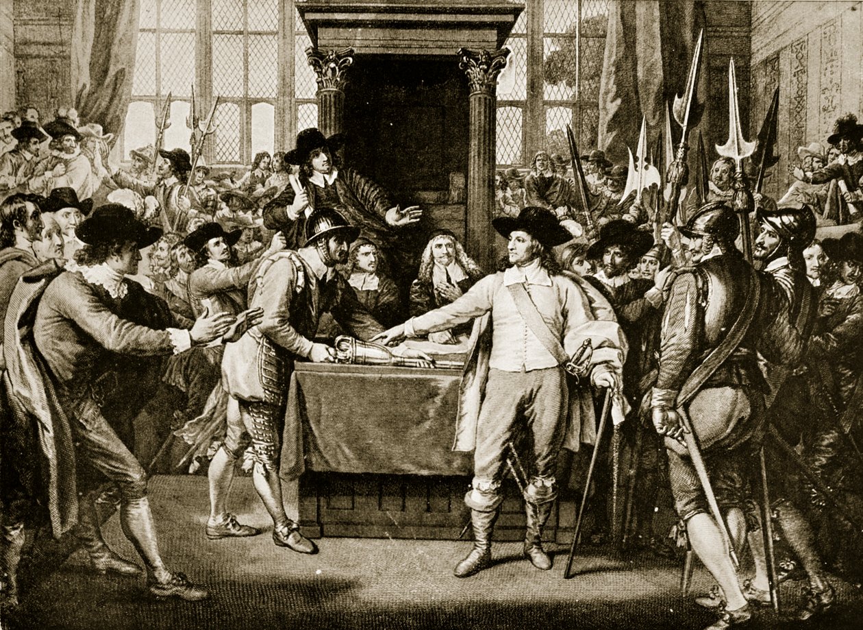 Cromwell opløser det lange parlament, 1653, illustration fra Hutchinsons Story of the British Nation, ca. 1923 af English School