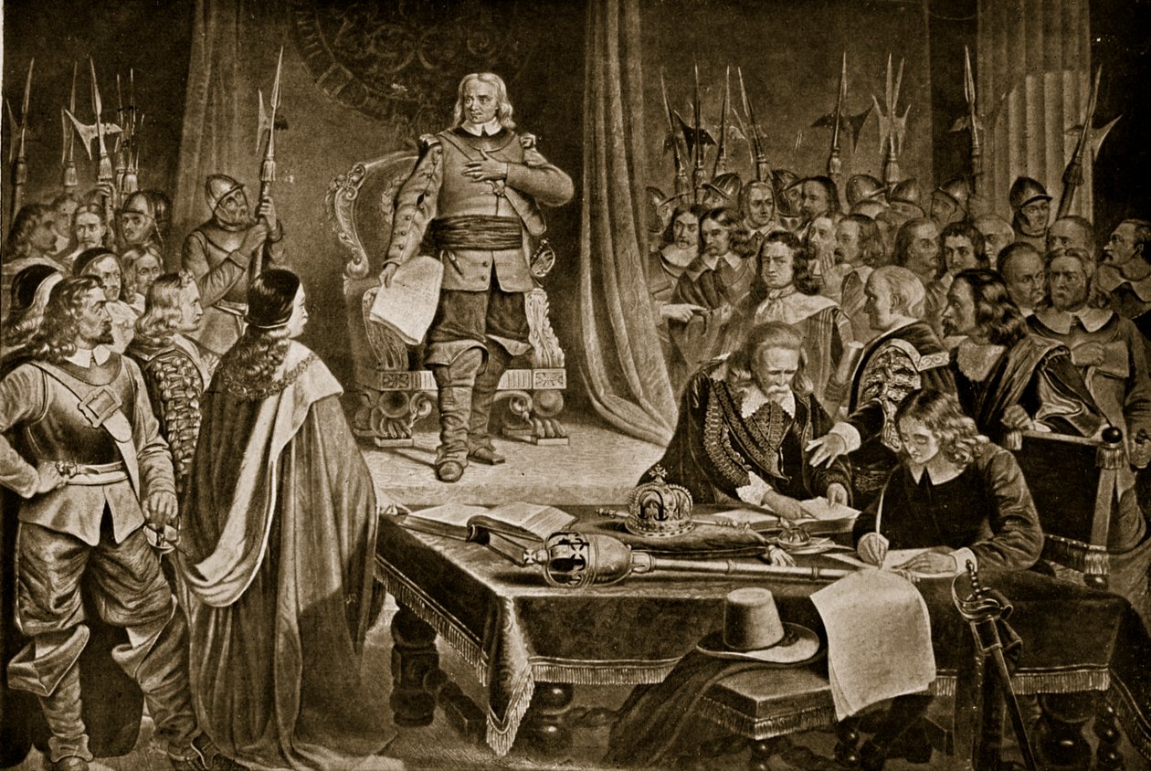 Cromwell nægter kronen, illustration fra Hutchinsons Story of the British Nation, ca. 1923 af English School