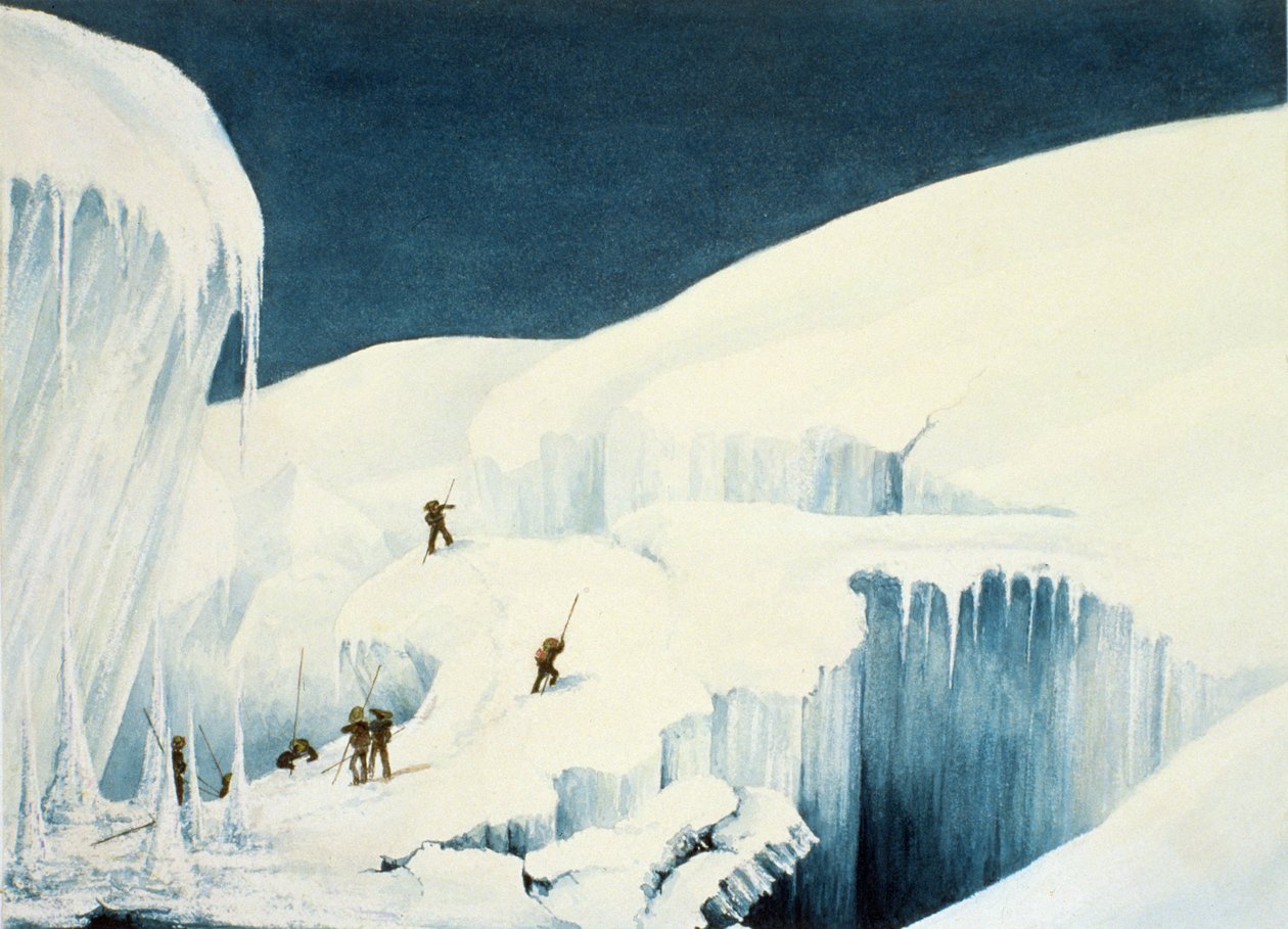 Crossing a Ravine, from A Narrative of an Ascent to the Summit of Mont Blanc af Charles Fellows (1799-1860), udgivet 1827 af English School