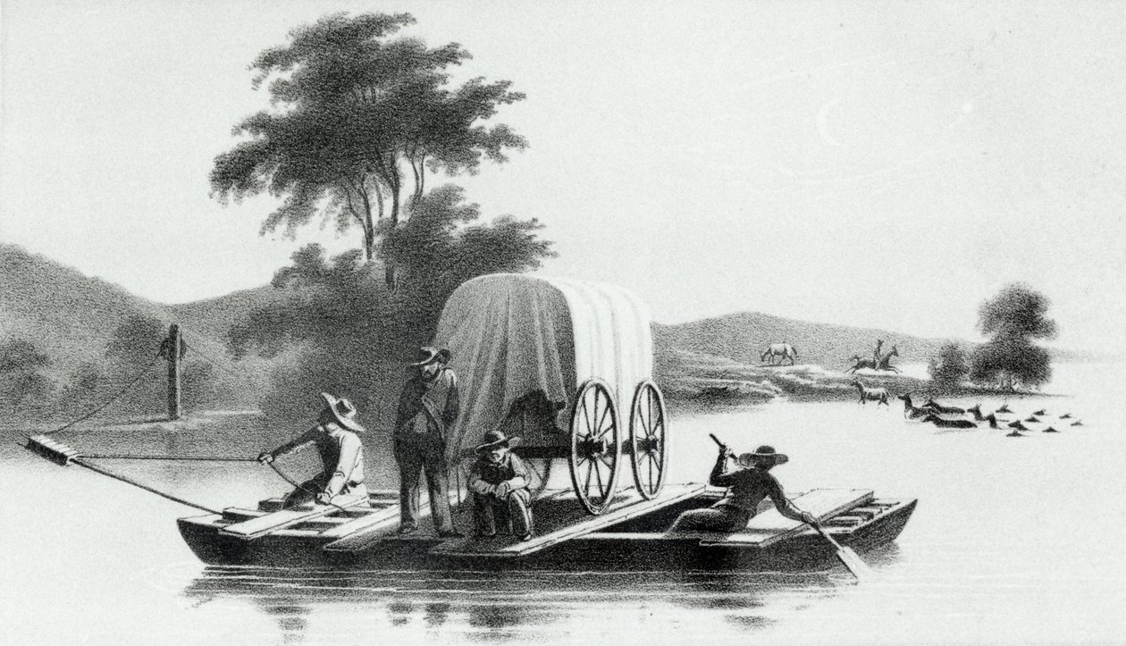 Krydsning af Platte Mouth of Deer Creek, fra Exploration and Survey of the Valley of the Great Salt Lake of Utah af Howard Stansbury, udgivet 1852 af English School