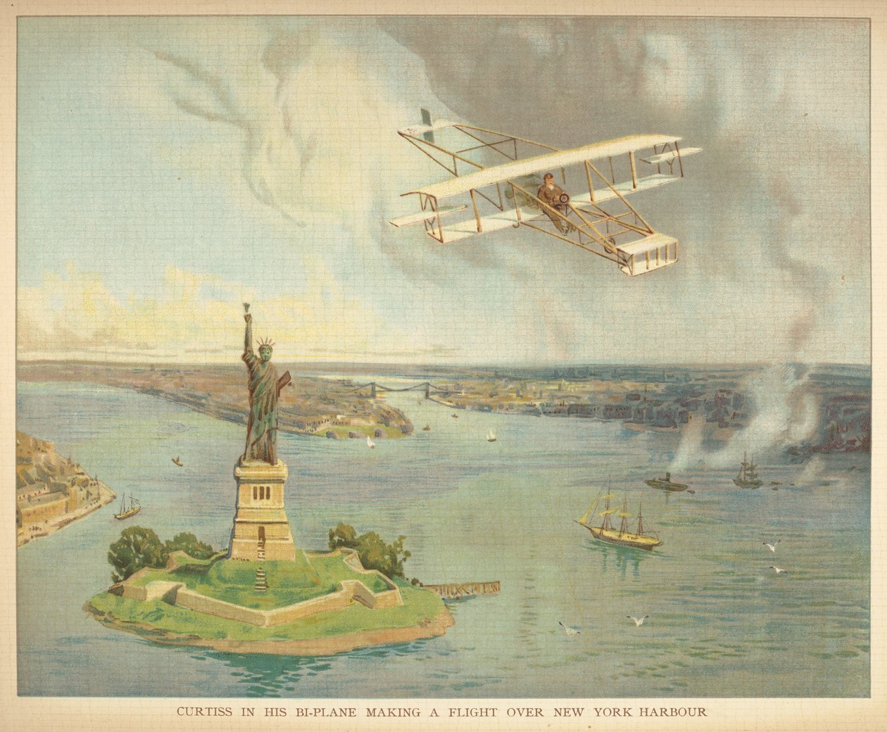 "Curtiss i sit bi-fly flyver over New Yorks havn." Lille folks bog over luftskibe. London: Ernest Nister, [1912] af English School