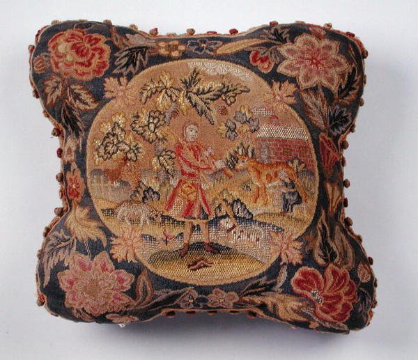 Pude, broderet i petit point, forestillende en hyrde i et landskab (tekstil) af English School