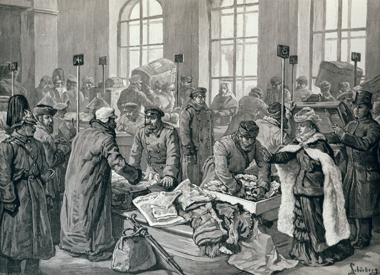 Toldbetjente, der undersøger passagerernes bagage fra Tyskland, ved Wirballen, på den russiske grænse, fra 