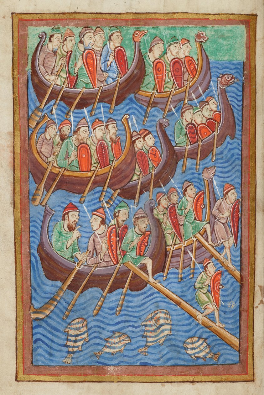 Danskere under Hinguar og Hubba lander i Storbritannien, fra Miscellany on the life of St. Edmund, Bury St Edmunds, c.1130 (vellum) af English School