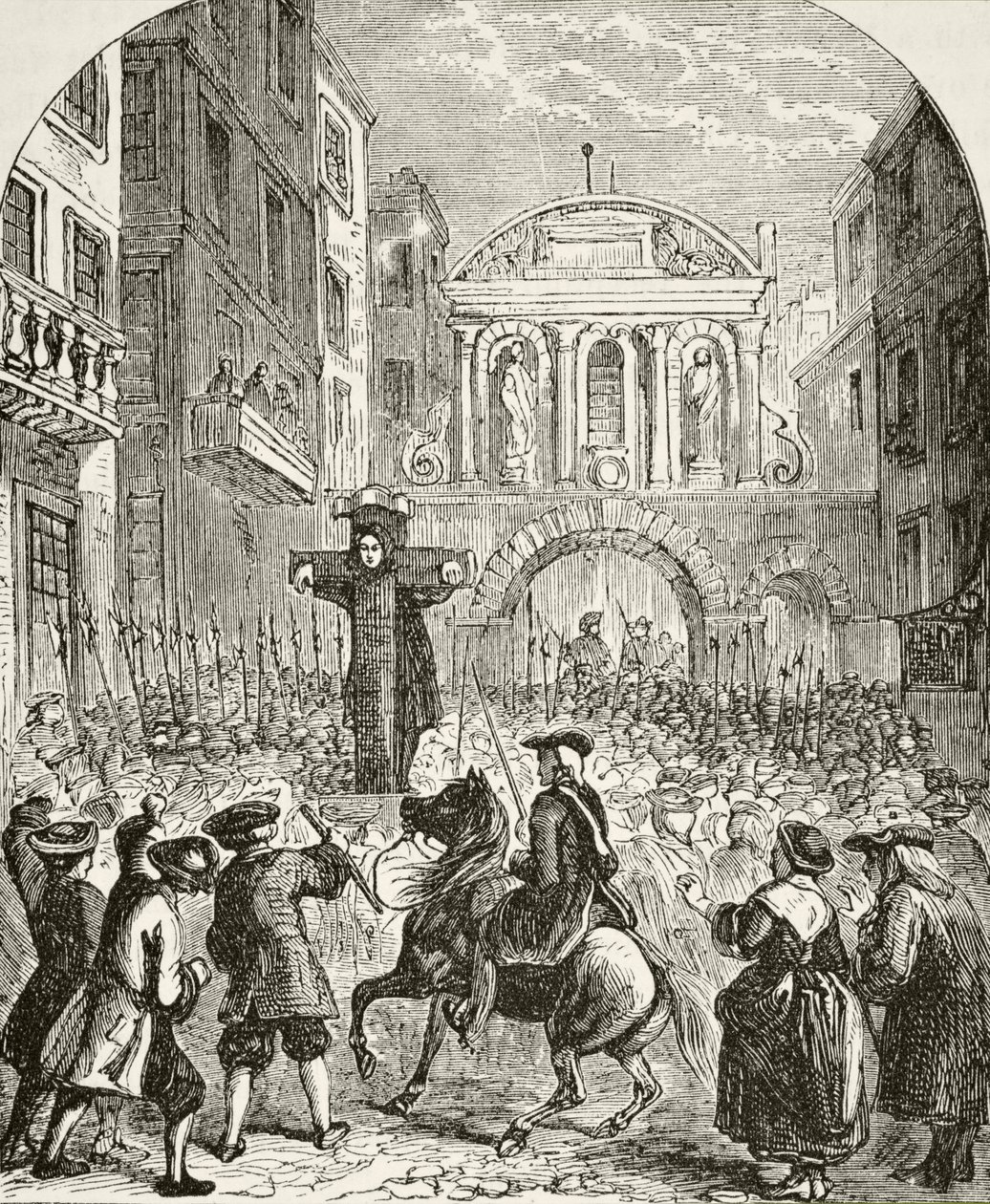 Daniel Defoe i søjlen på Temple Bar, fra 