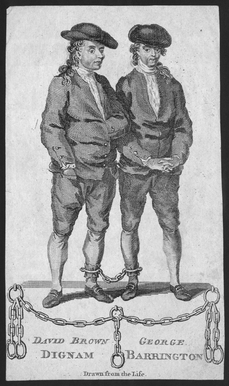 David Brown Dignam og George Barrington, illustration fra London Magazine, maj 1777 af English School