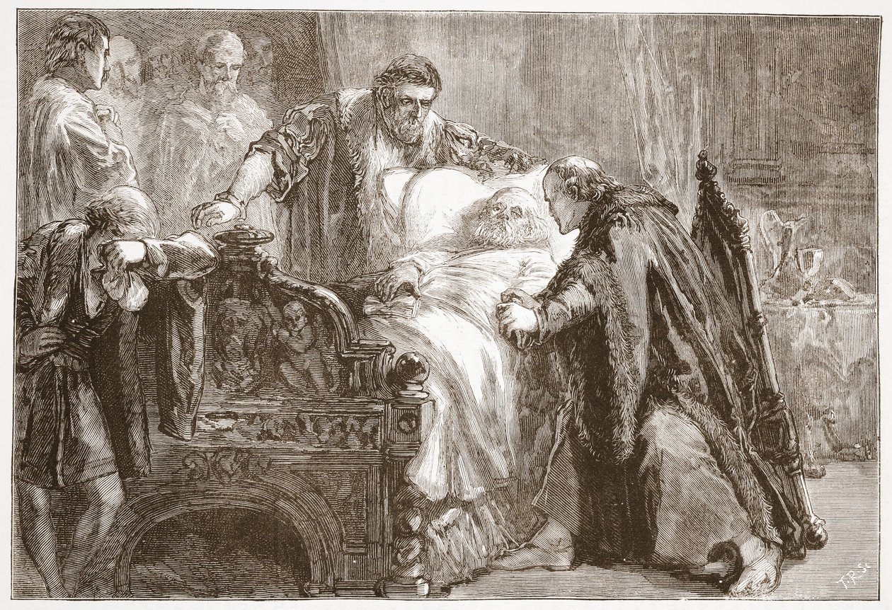 Frederik den Vises død, kurfyrst af Sachsen, illustration fra The History of Protestantism af James Aitken Wylie (1808-1890), pub. 1878 af English School
