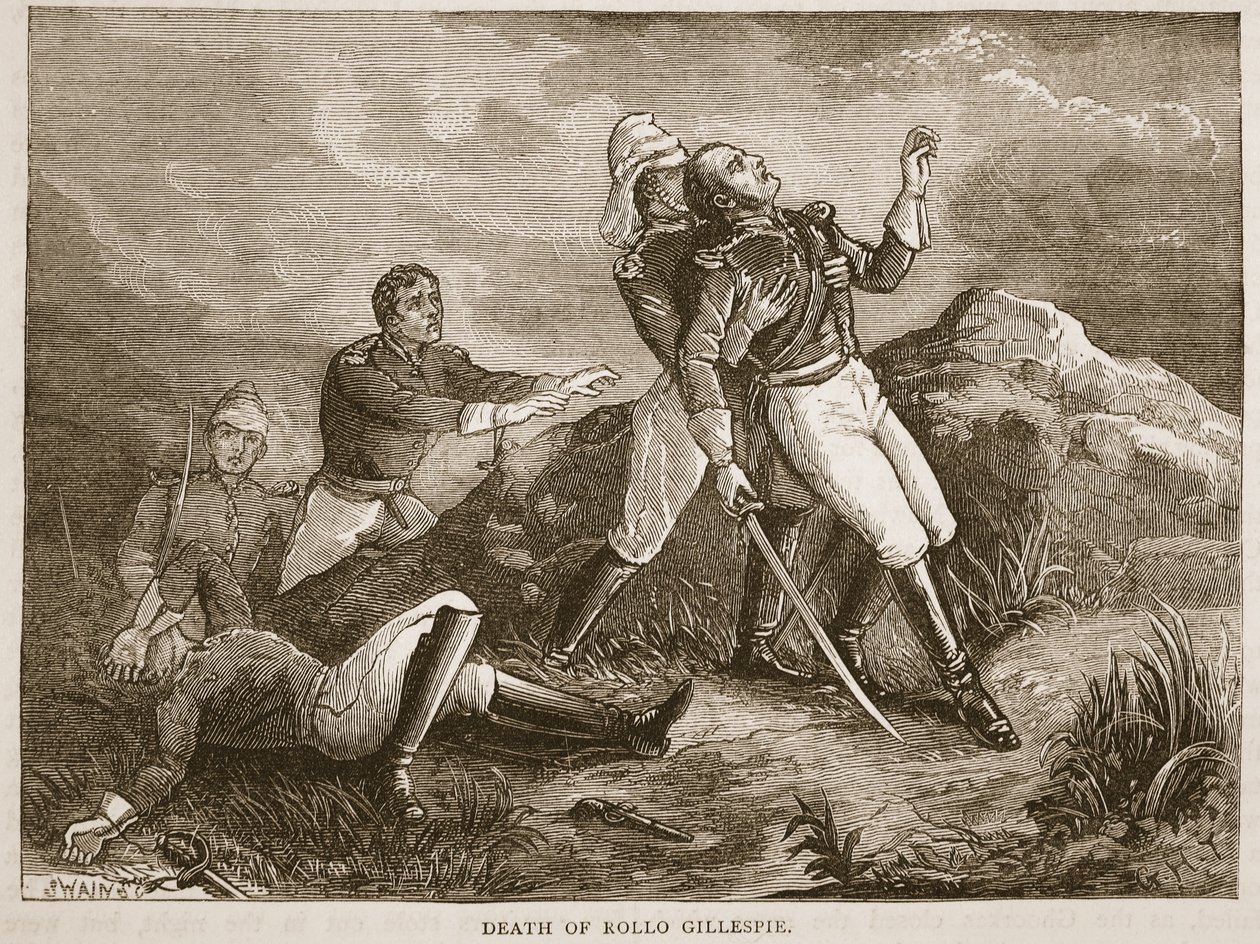 Rollo Gillespies død, illustration fra Cassells Illustrated History of India af James Grant, pub. 1879 af English School