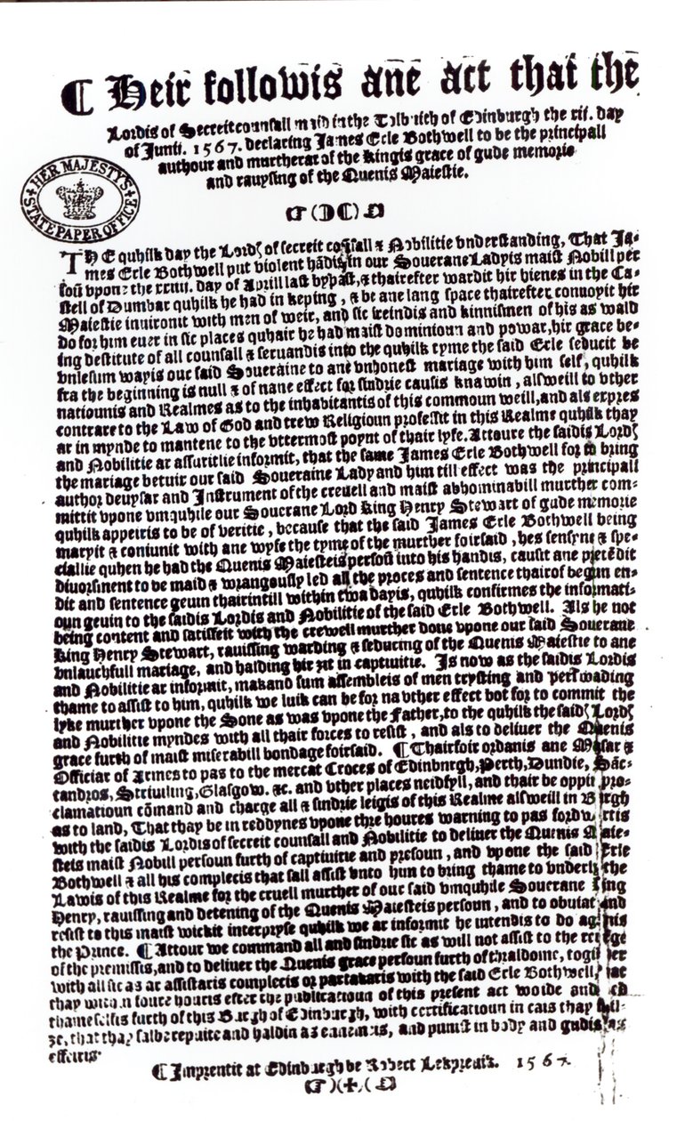 Erklæring fra Lords, der angiver jarlen af Bothwell som morderen af Lord Darnley, 1567 (pen og blæk på papir) af English School