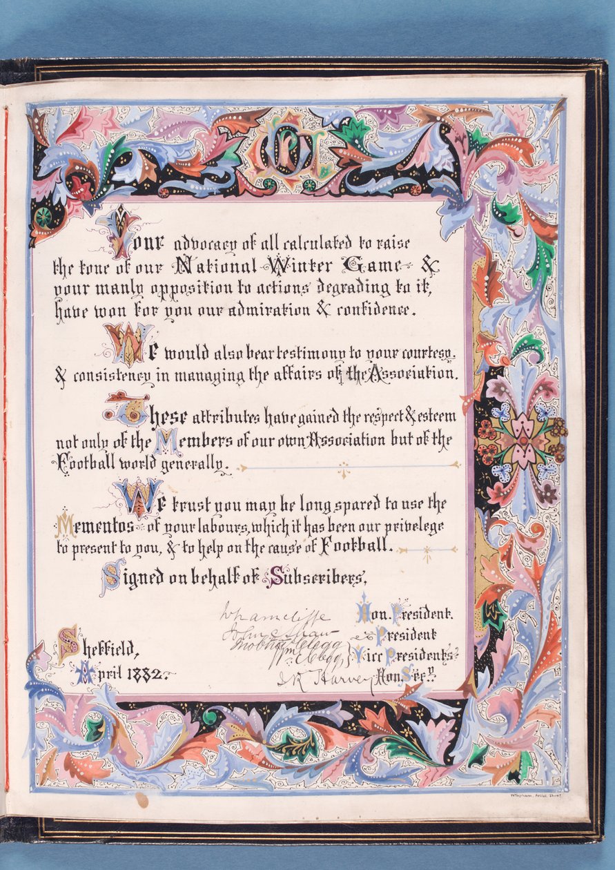 Dedikation fra en adresse fremlagt af Sheffield Football Association til William Pierce-Dix i anledning af hans pensionering som sekretær, 1882 (blæk på papir) (se også 315162) af English School