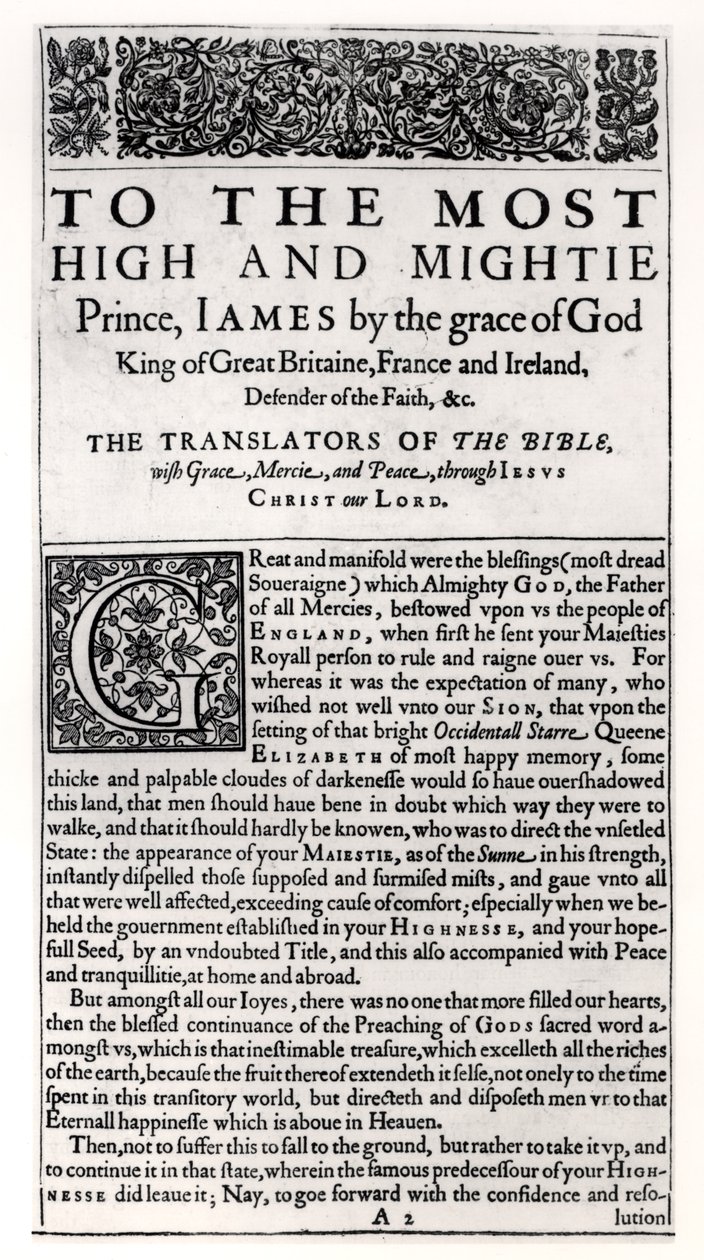 Indvielsesside i Bibelen, pub. af Robert Barker, 1611 af English School