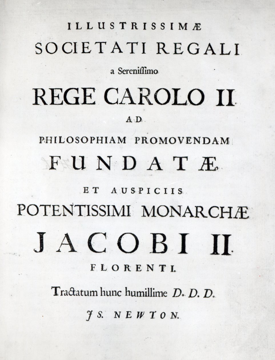 Dedikation til Royal Society af den første udgave af Newtons Philosophiae Naturalis Principia Mathematica, 1687 af English School