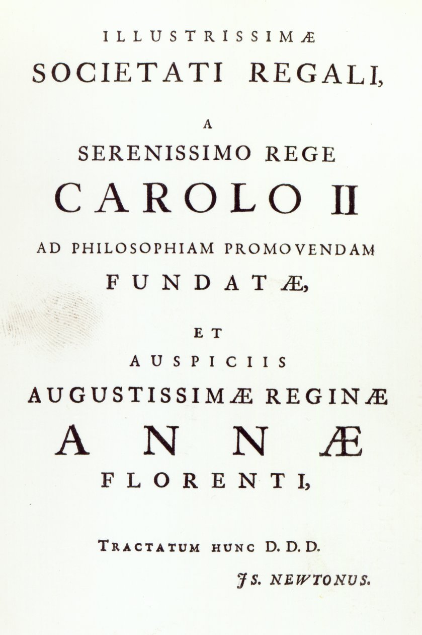 Dedikation til Royal Society i anden udgave af Newtons Philosophiae Naturalis Principia Mathematica. 1713 af English School