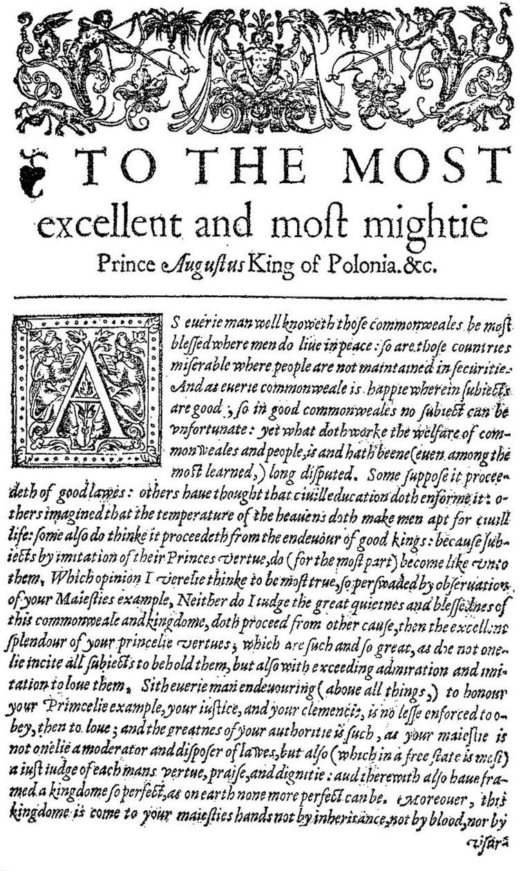 Dedikation til kongen af Polen Sigismund II Augustus I i The Counsellor, den første engelske oversættelse af Wawrzyniec Grzyma?a Go?lickis De optimo senatore, 1598 (tryk) af English School