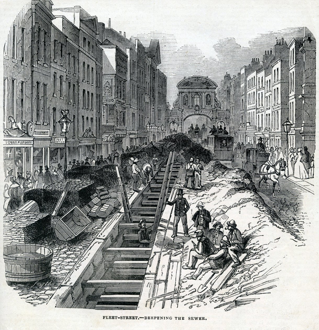 Uddybning af Fleet Street Sewer, London, 1845 af English School