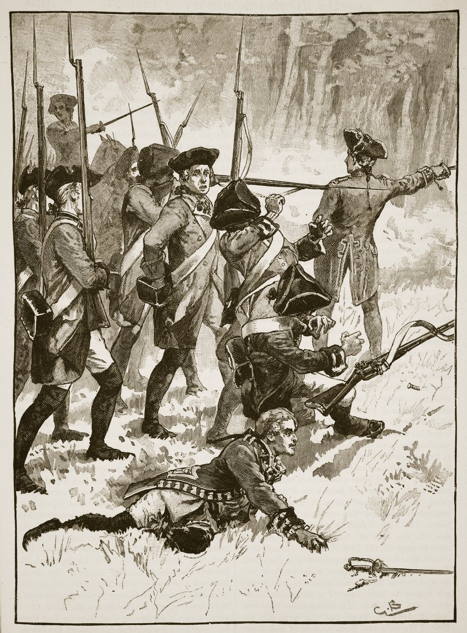 General Braddocks nederlag i det indiske baghold, 1755, illustration fra Cassells Illustrated History of England (sepiafoto) af English School