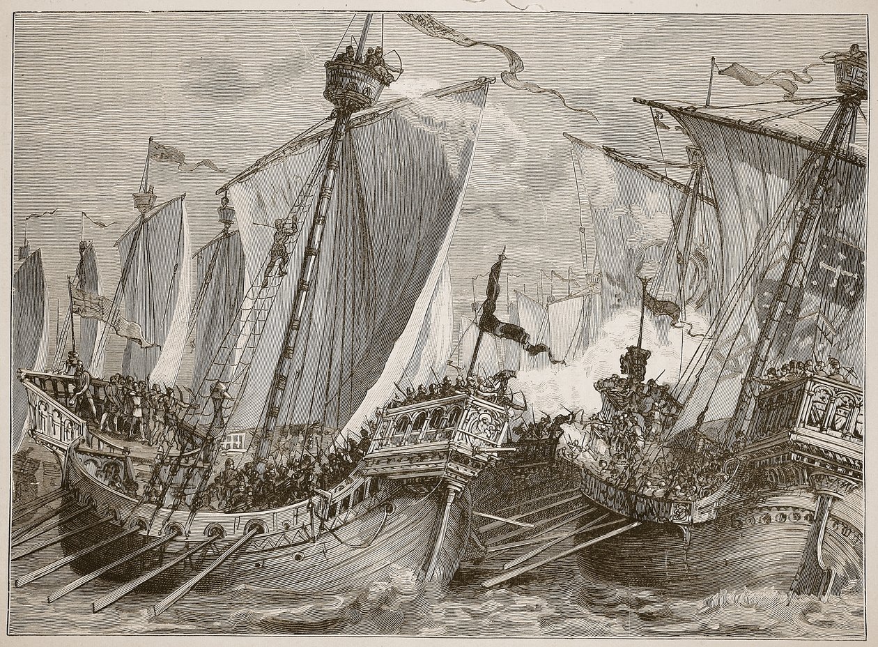 Nederlag for den franske flåde i Den Engelske Kanal, illustration fra Cassells Illustrated History of England (sepia foto) af English School