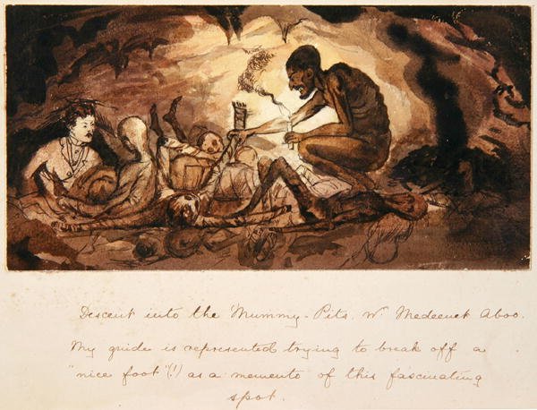 Nedstigning i Mumi-grubene, nr. Medeenet Aboo, ca. 1880 (pen & blæk & vask) af English School