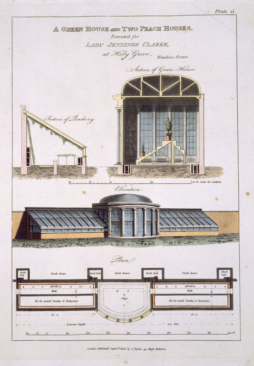 Design til et grønt hus og to ferskenhuse, 1806 af English School