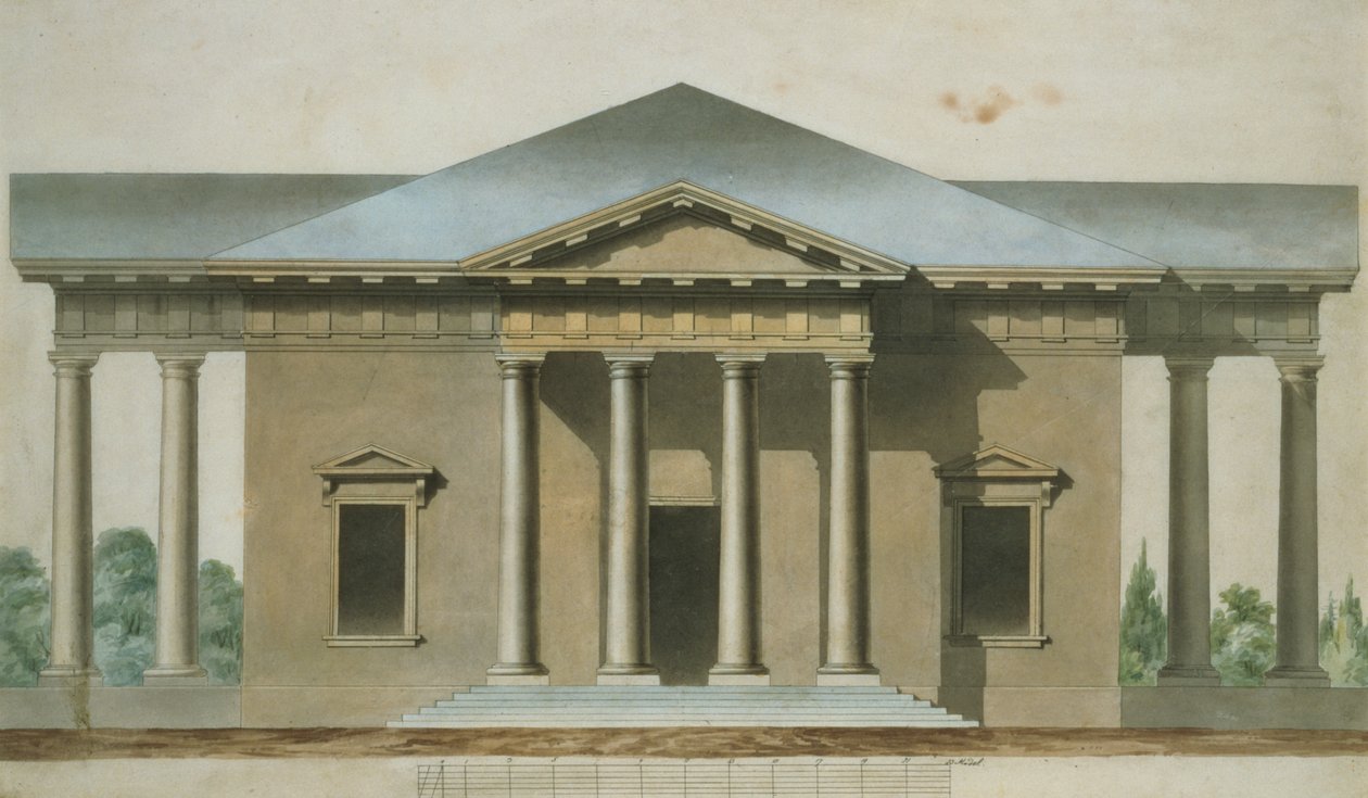 Design til en toscansk dorisk havepavillon, ca. 1830 (wc og pen og blæk på papir) af English School