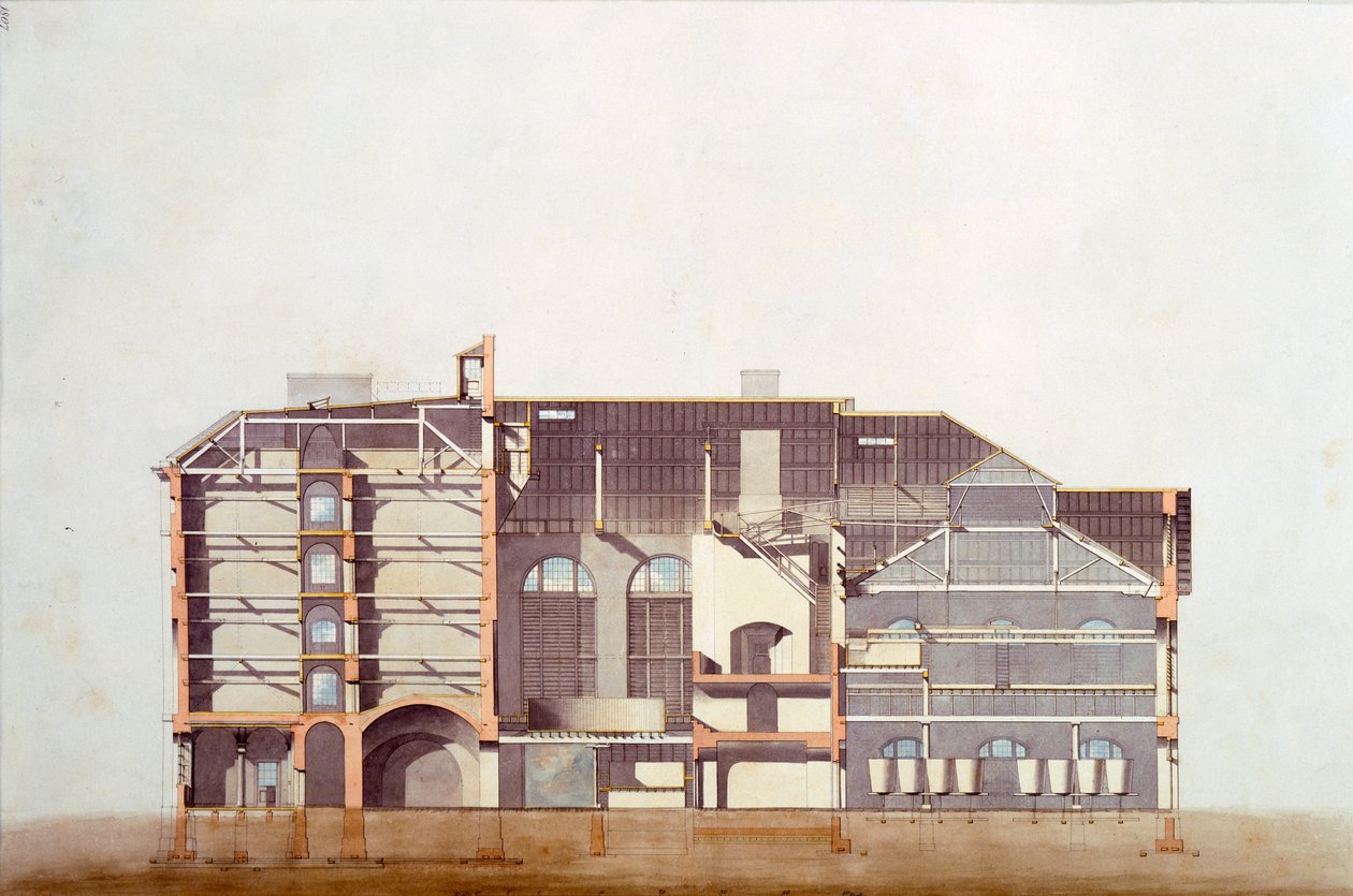 Design til Stag Brewhouse, original manuskripttegning fra George Saunders kontorer, ca. 1807 (blyant, wc og pen og blæk på papir) af English School