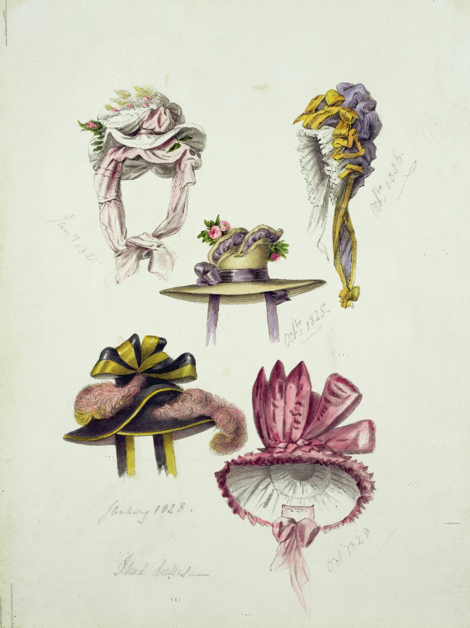 Designs til Regency Hats, 1828 (wc med blyant på papir) af English School
