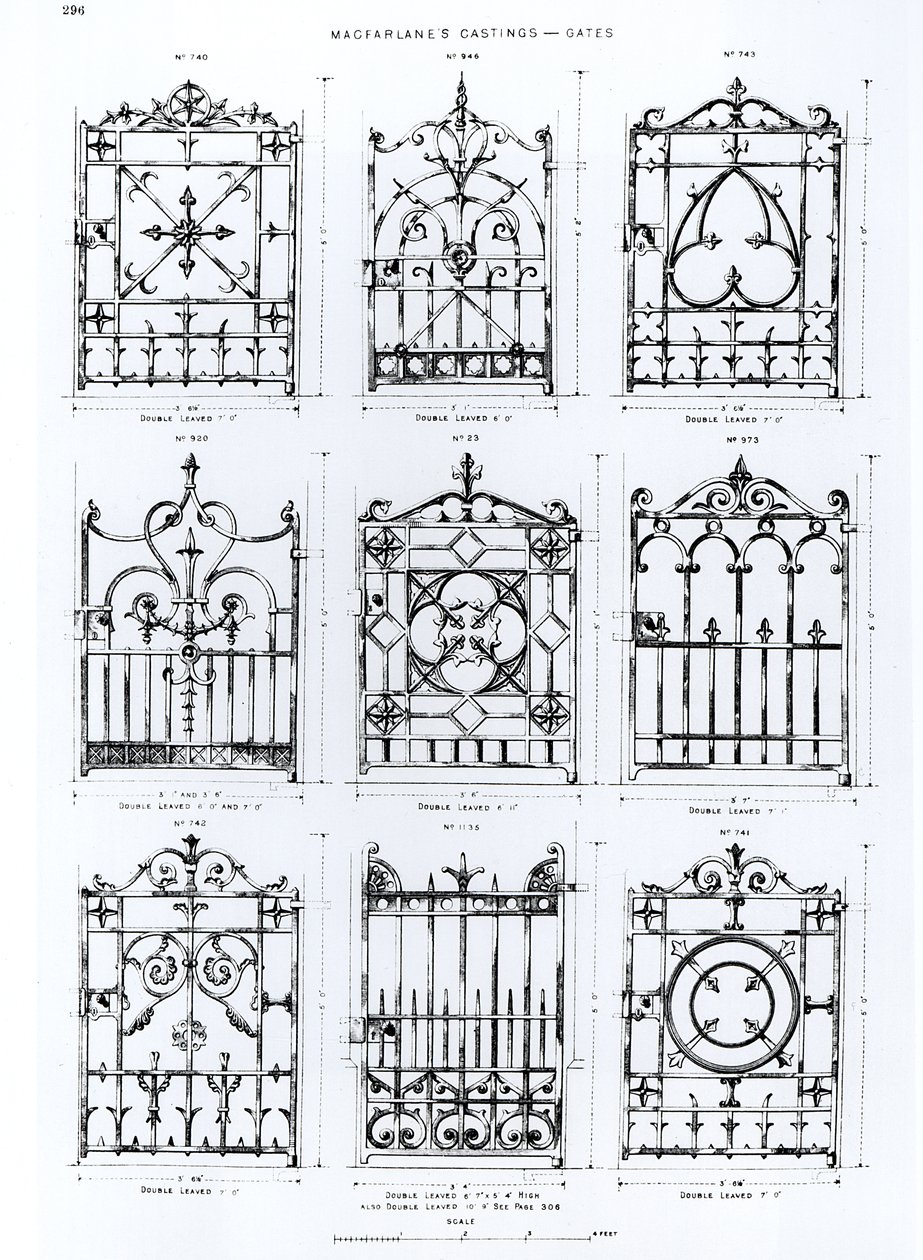 Designs til støbejernsrækværk, fra Macfarlanes Castings af English School