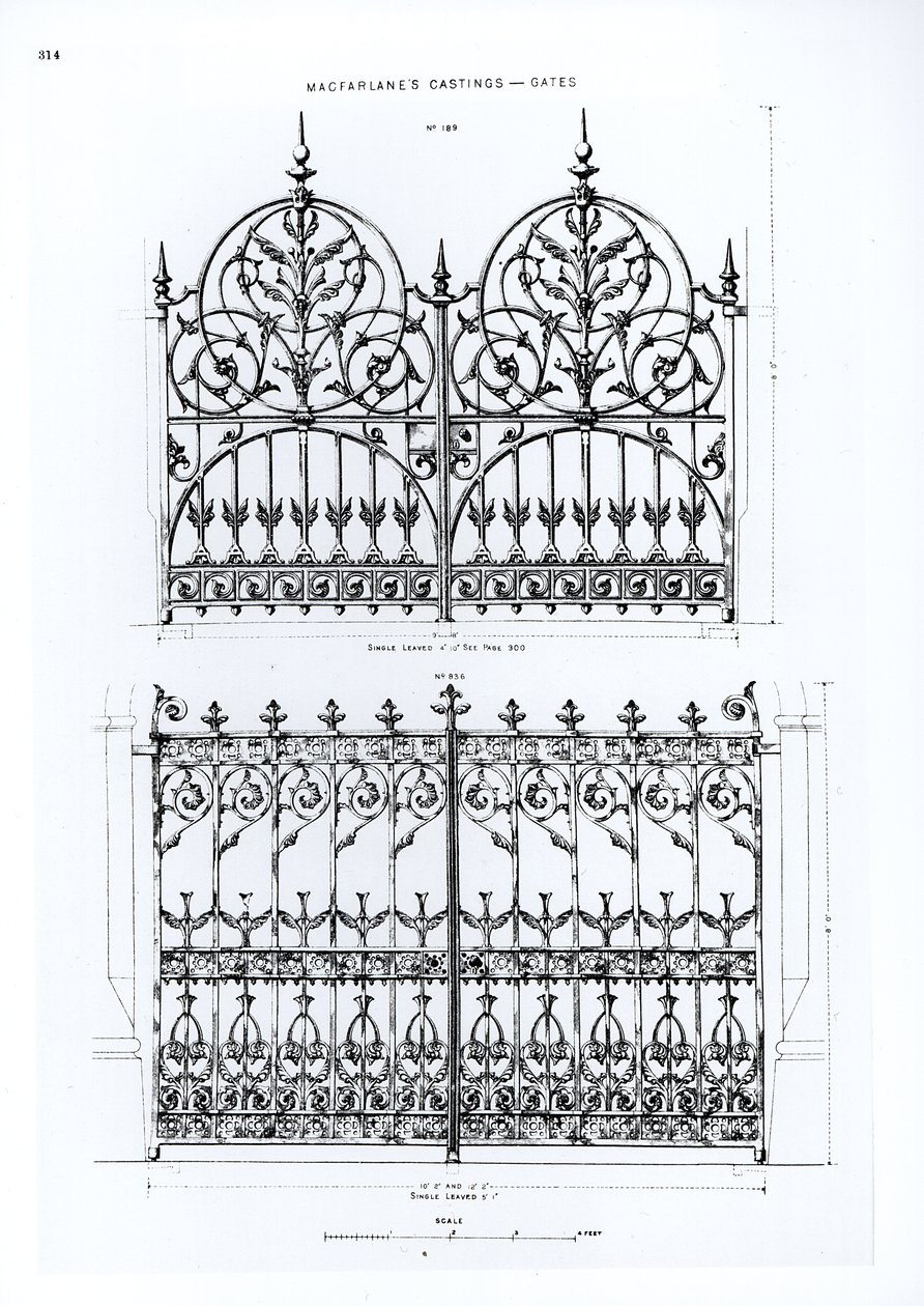 Designs til støbejernsrækværk, fra Macfarlanes Castings af English School