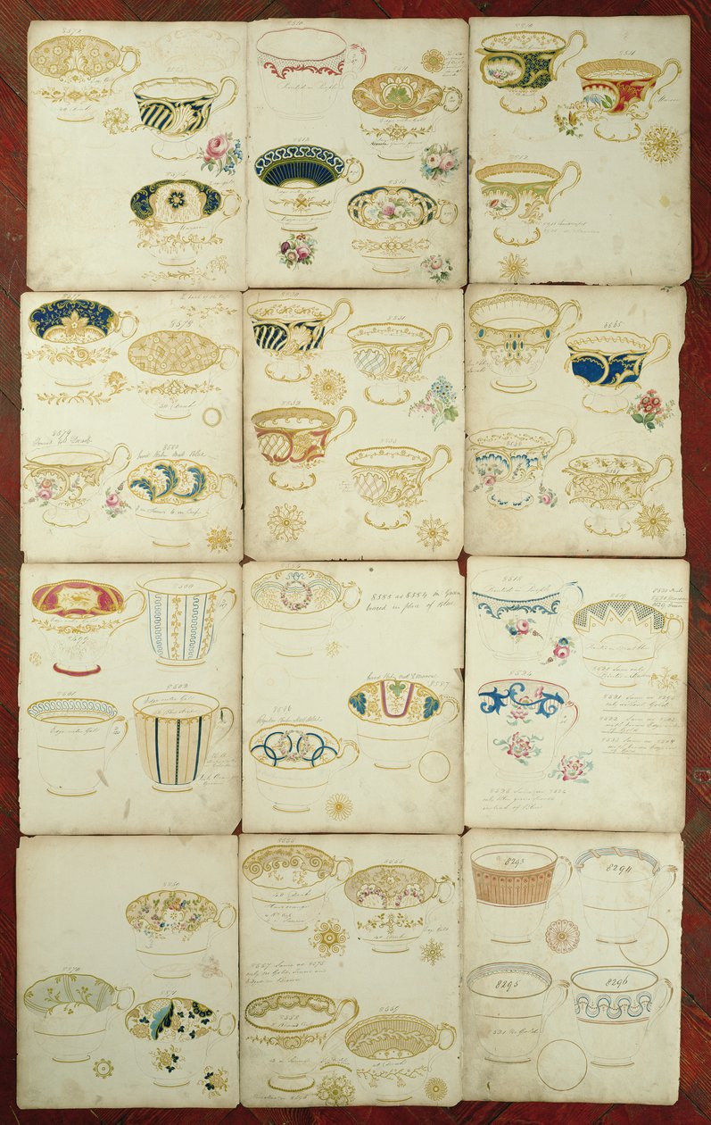 Design til tekopper produceret på Daniel Factory, Staffordshire, ca. 1845 (gouache, wc og blæk på papir) af English School