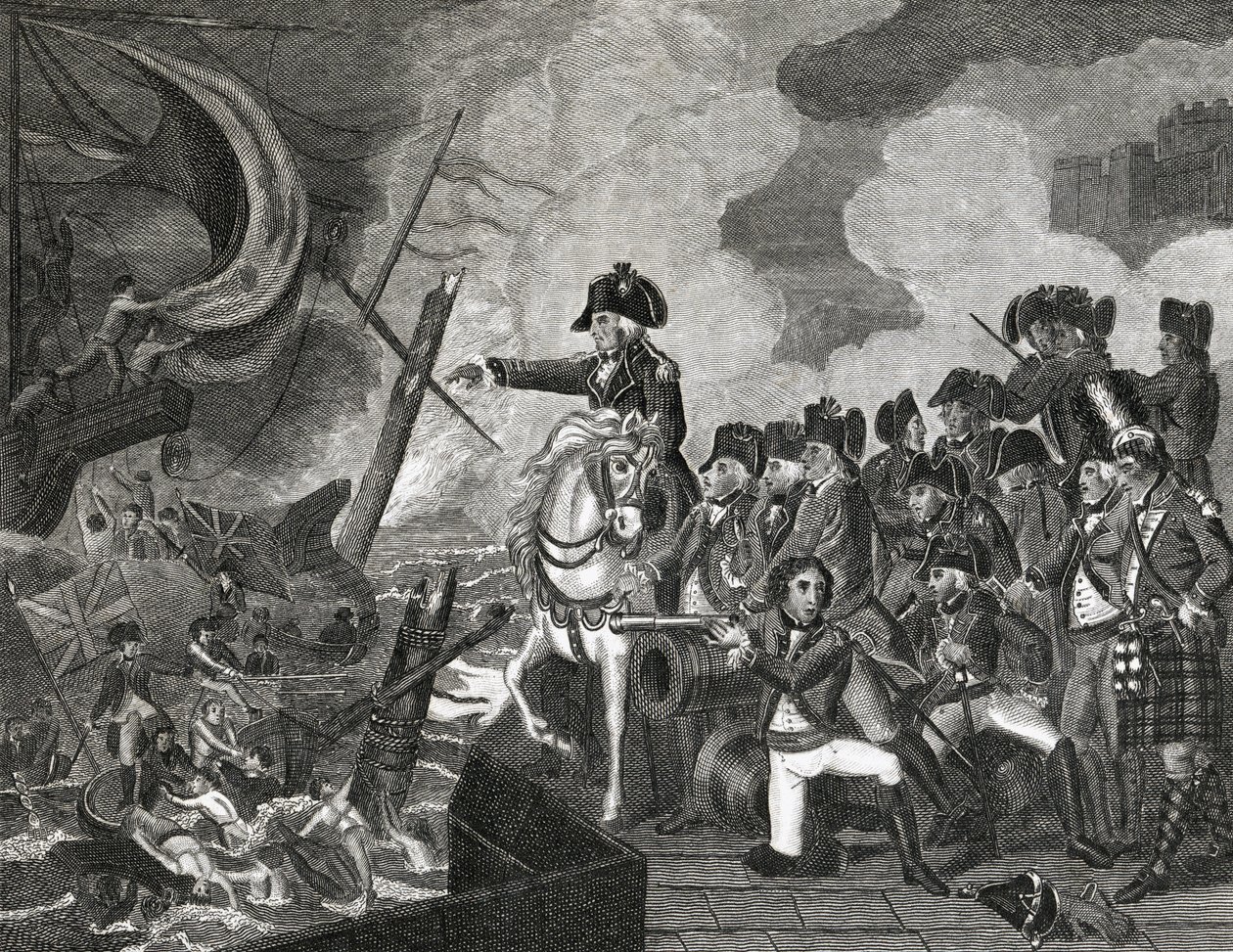 Ødelæggelse af pistolbådene før Gibraltar, indgraveret af H.Cook, 1816 af English School