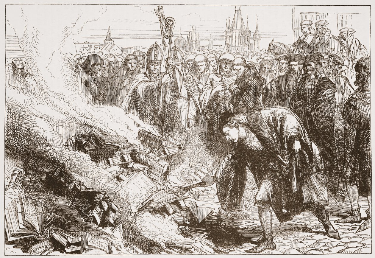 Ødelæggelse af Wicliffes værker i Prag, illustration fra The History of Protestantism af James Aitken Wylie (1808-1890), pub. 1878 af English School