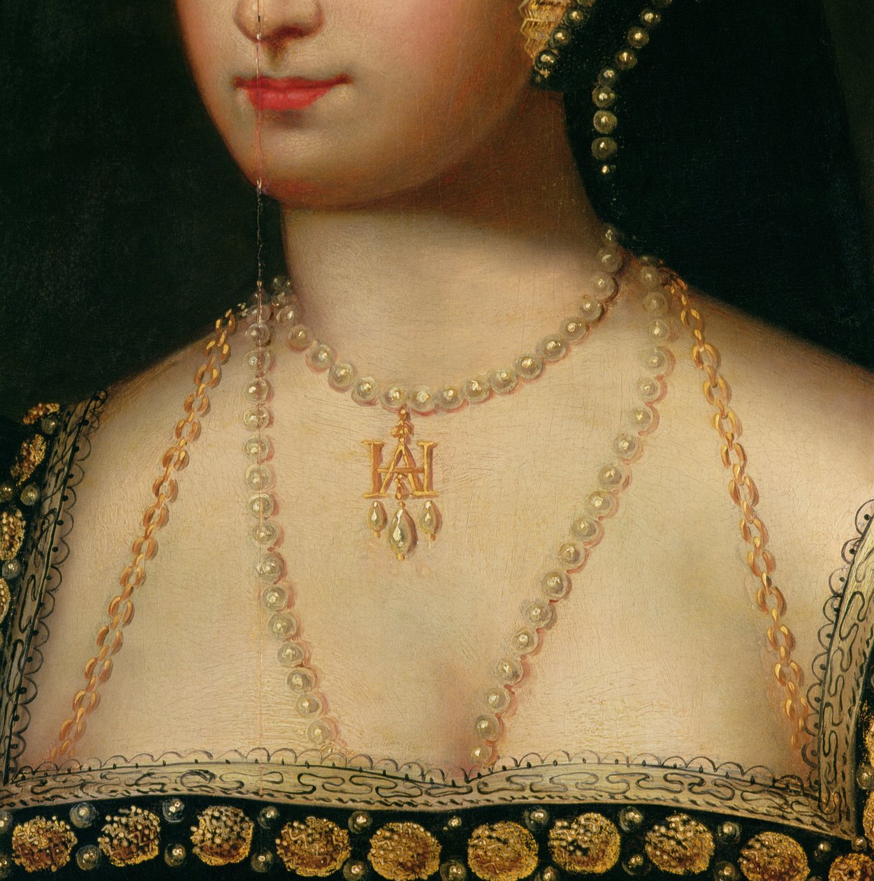 Detalje fra et portræt af Anne Boleyn (1504-36) ca. 1533 (olie på lærred) af English School