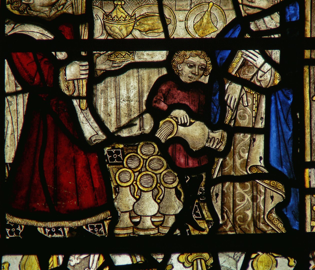 Detalje fra et vindue, der forestiller brylluppet i Cana af English School