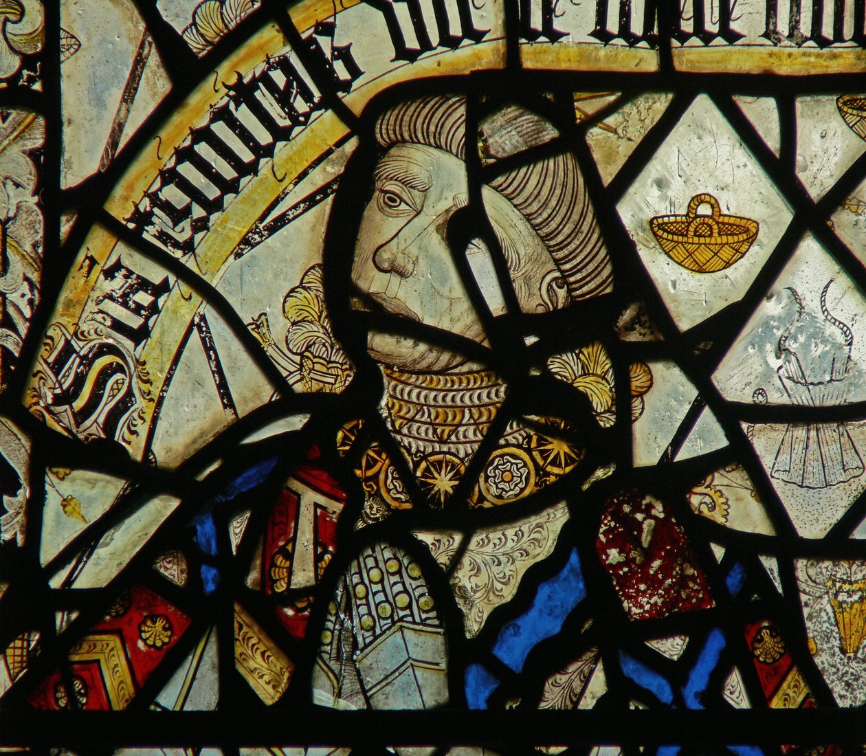 Detalje fra et vindue, der viser donoren (farvet glas) (detalje af 344929) af English School