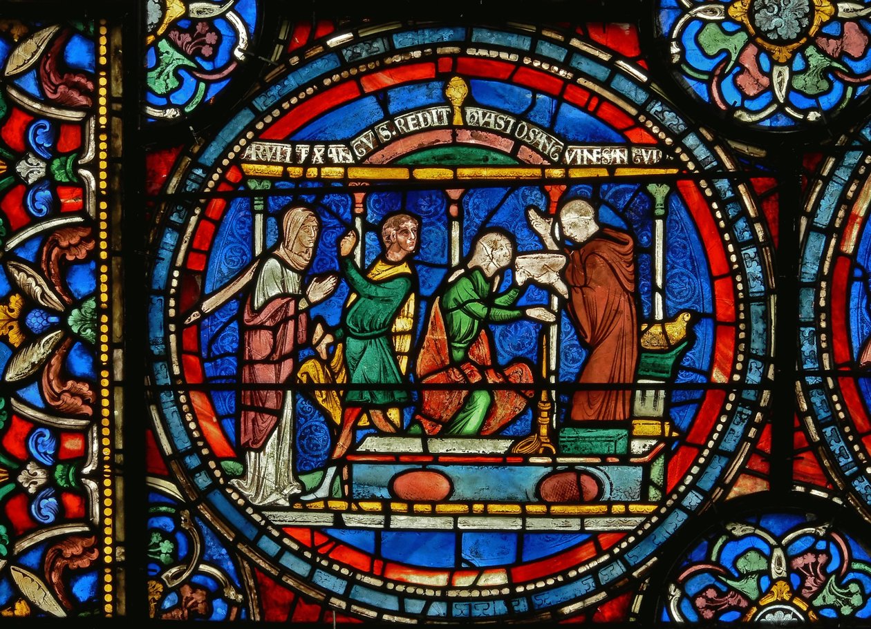 Detalje fra Miracle Window, der viser Audrey af Canterbury, der tager helbredende vand af English School