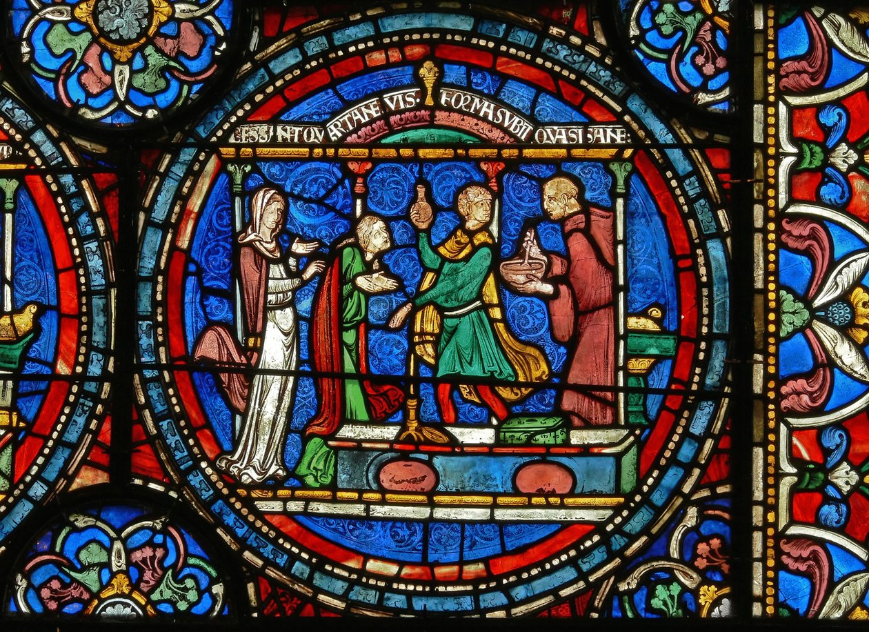 Detalje fra Miracle Window, der viser Audrey af Canterbury, der tager helbredende vand af English School