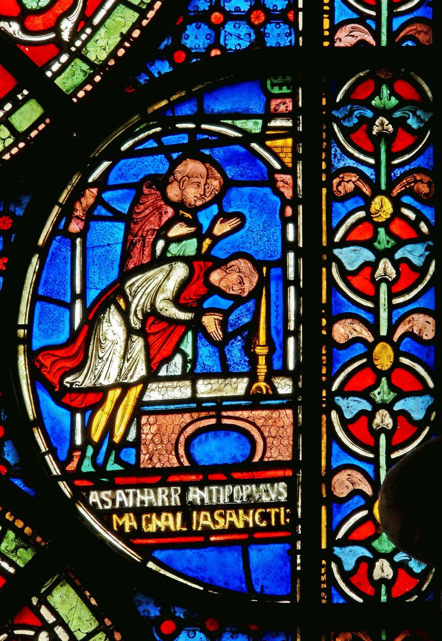 Detalje fra Miracle Window, der viser Eilward af Westoning, der takker ved Thomas Beckets grav af English School