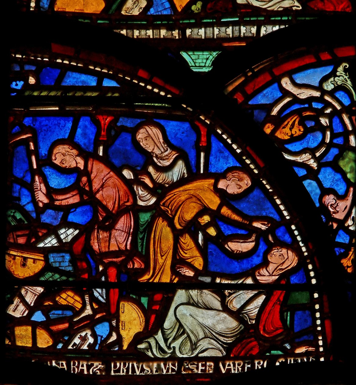 Detalje fra Miracle Window, der forestiller Geoffrey af Winchesters mor, der beder til St.Thomas af English School